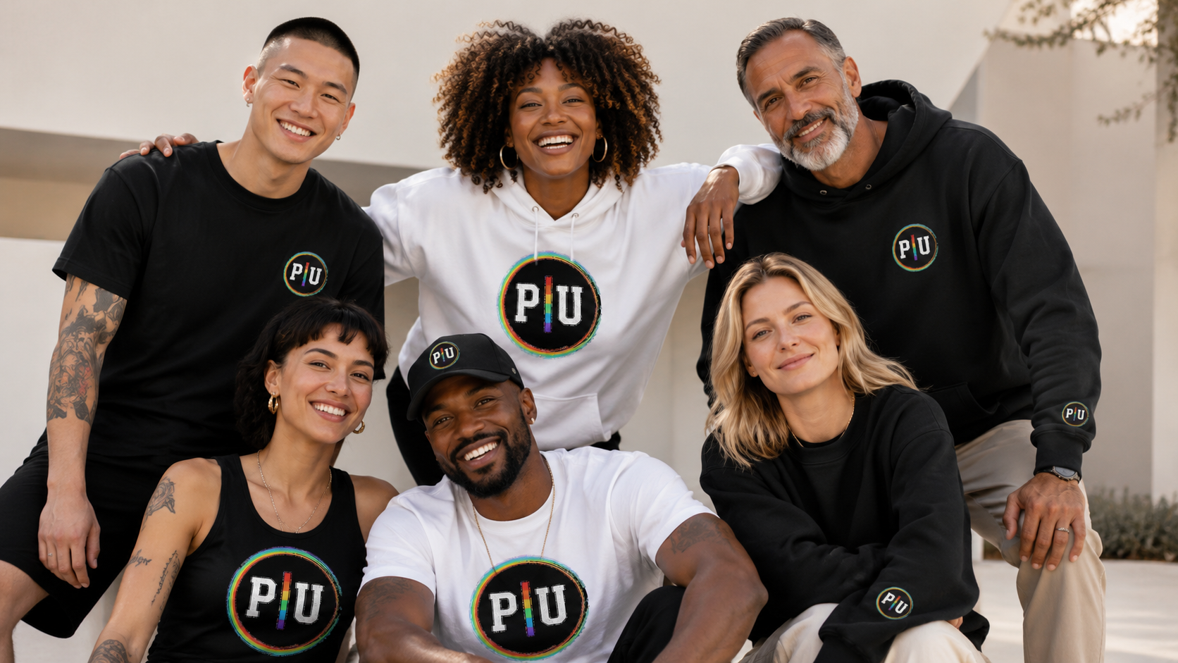 Six friends of different ages together in Profanity Is Unity rainbow P|U logo apparel